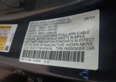 2024 Honda Accord Ex from USA, damaged, VIN 1HGCY1F34RA086340
